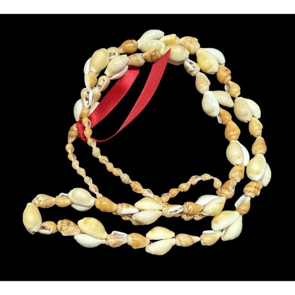 Summery Genuine Seashell Beaded Necklace With Red Ribbon Accent - Picture 1 of 5